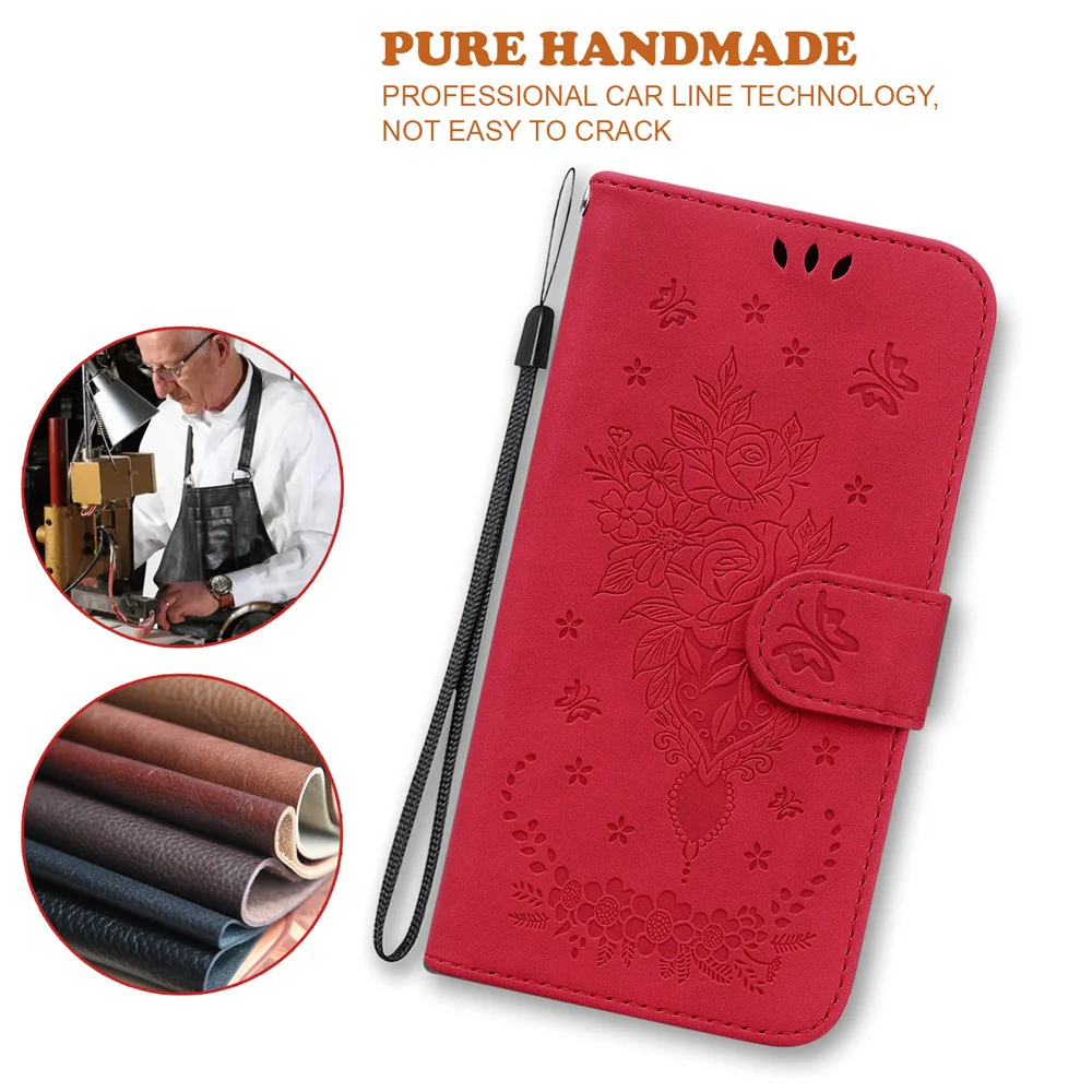 For iPhone 17 Pro Max Case Butterfly Flower Imprint PU Leather Wallet Phone Cover with Strap - Red - Image 4