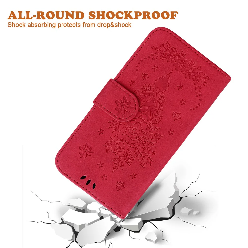 For iPhone 17 Pro Max Case Butterfly Flower Imprint PU Leather Wallet Phone Cover with Strap - Red - Image 5