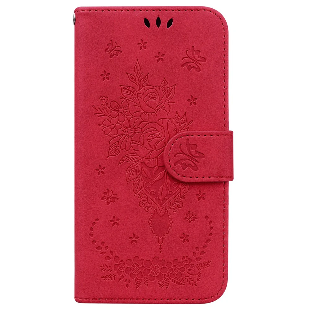 For iPhone 17 Pro Max Case Butterfly Flower Imprint PU Leather Wallet Phone Cover with Strap - Red - Image 6