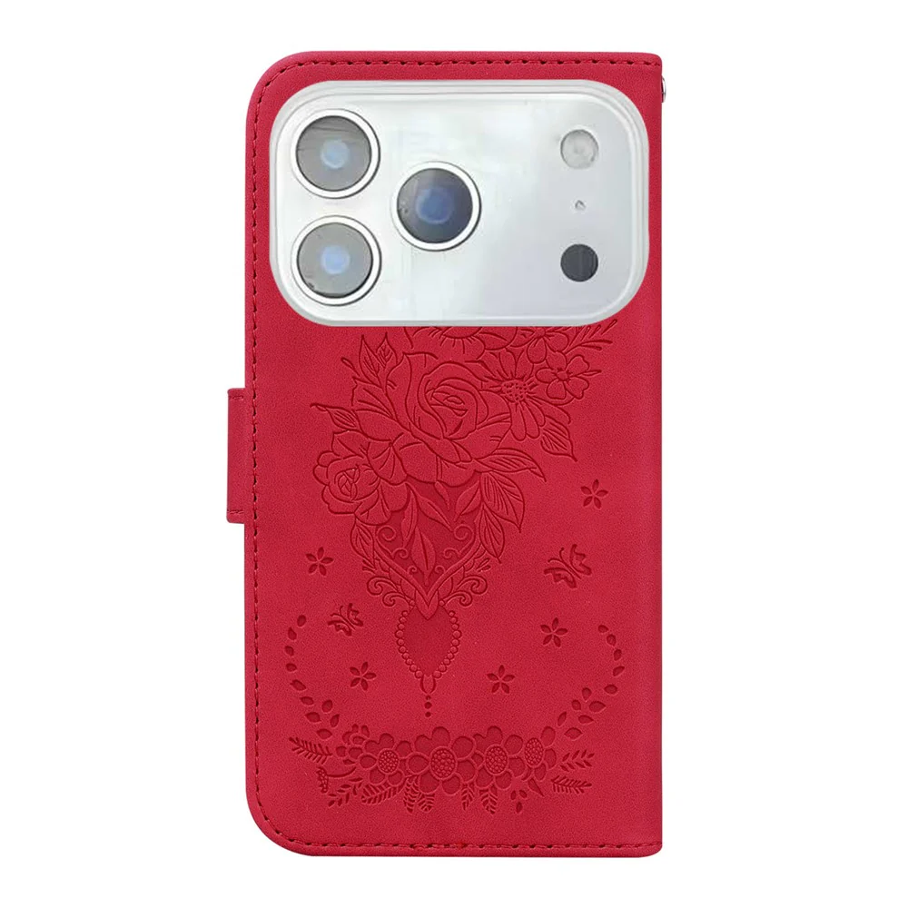 For iPhone 17 Pro Max Case Butterfly Flower Imprint PU Leather Wallet Phone Cover with Strap - Red - Image 7