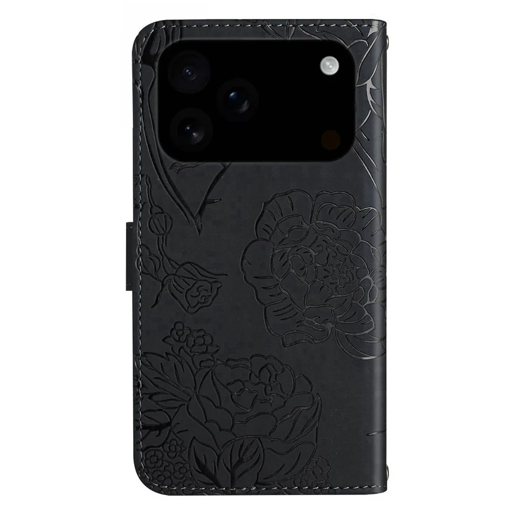 For iPhone 17 Pro Max Case Butterfly Flower Imprinted Leather Phone Cover with Strap - Black - Image 8