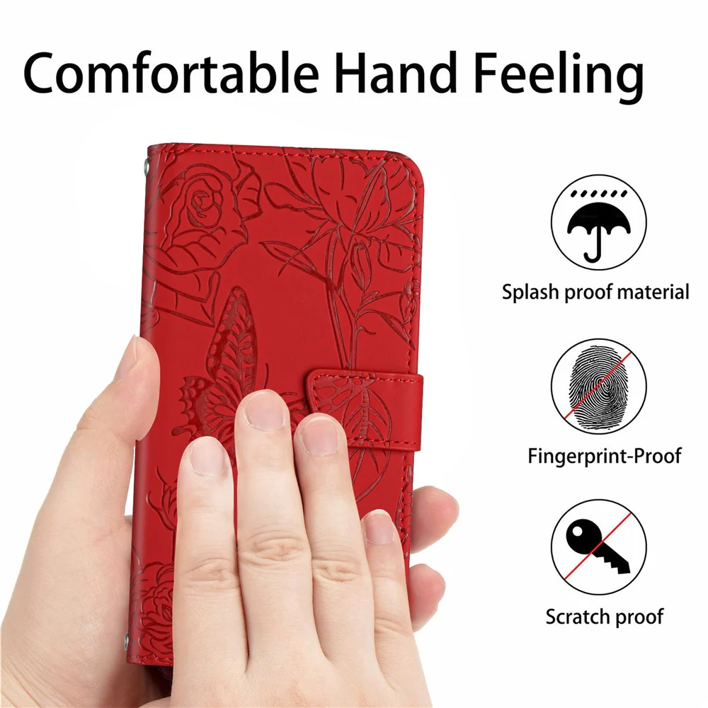 For iPhone 17 Pro Max Case Butterfly Flower Imprinted Leather Phone Cover with Strap - Red - Image 4