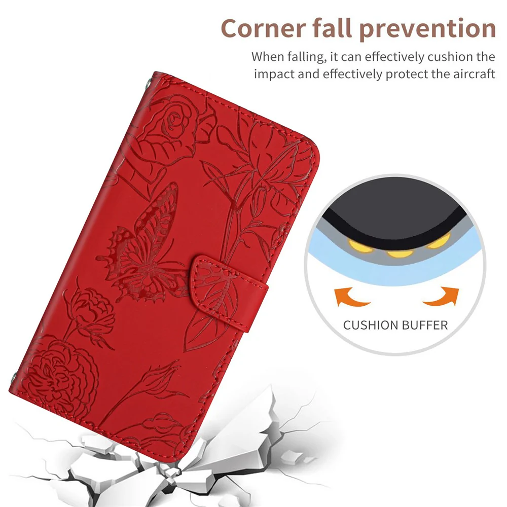 For iPhone 17 Pro Max Case Butterfly Flower Imprinted Leather Phone Cover with Strap - Red - Image 5