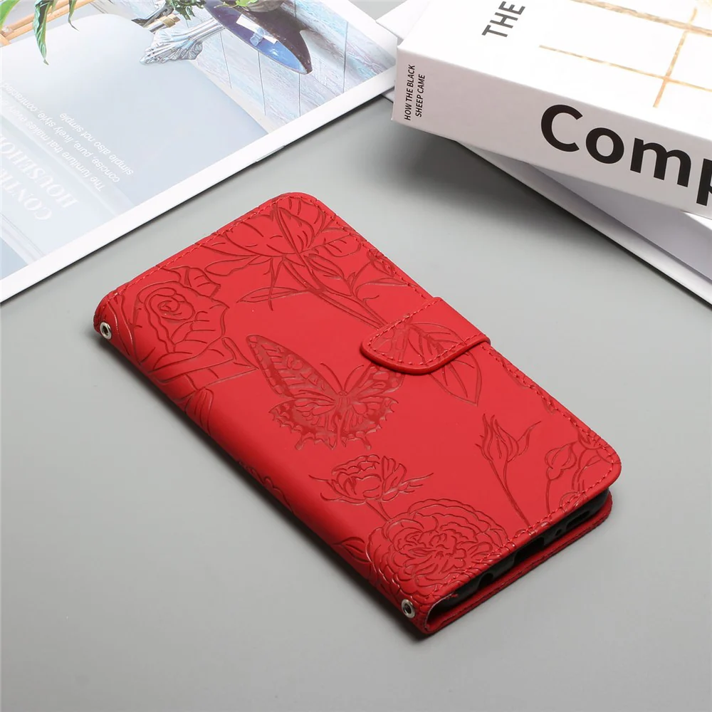 For iPhone 17 Pro Max Case Butterfly Flower Imprinted Leather Phone Cover with Strap - Red - Image 7