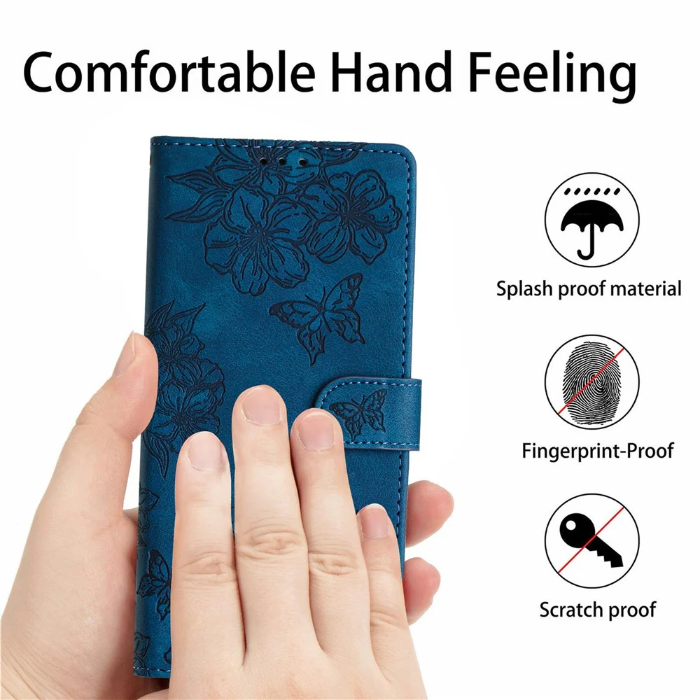 For iPhone 17 Pro Max Case Butterfly Flower Pattern Skin-Touch Leather Phone Cover - Blue - Image 6