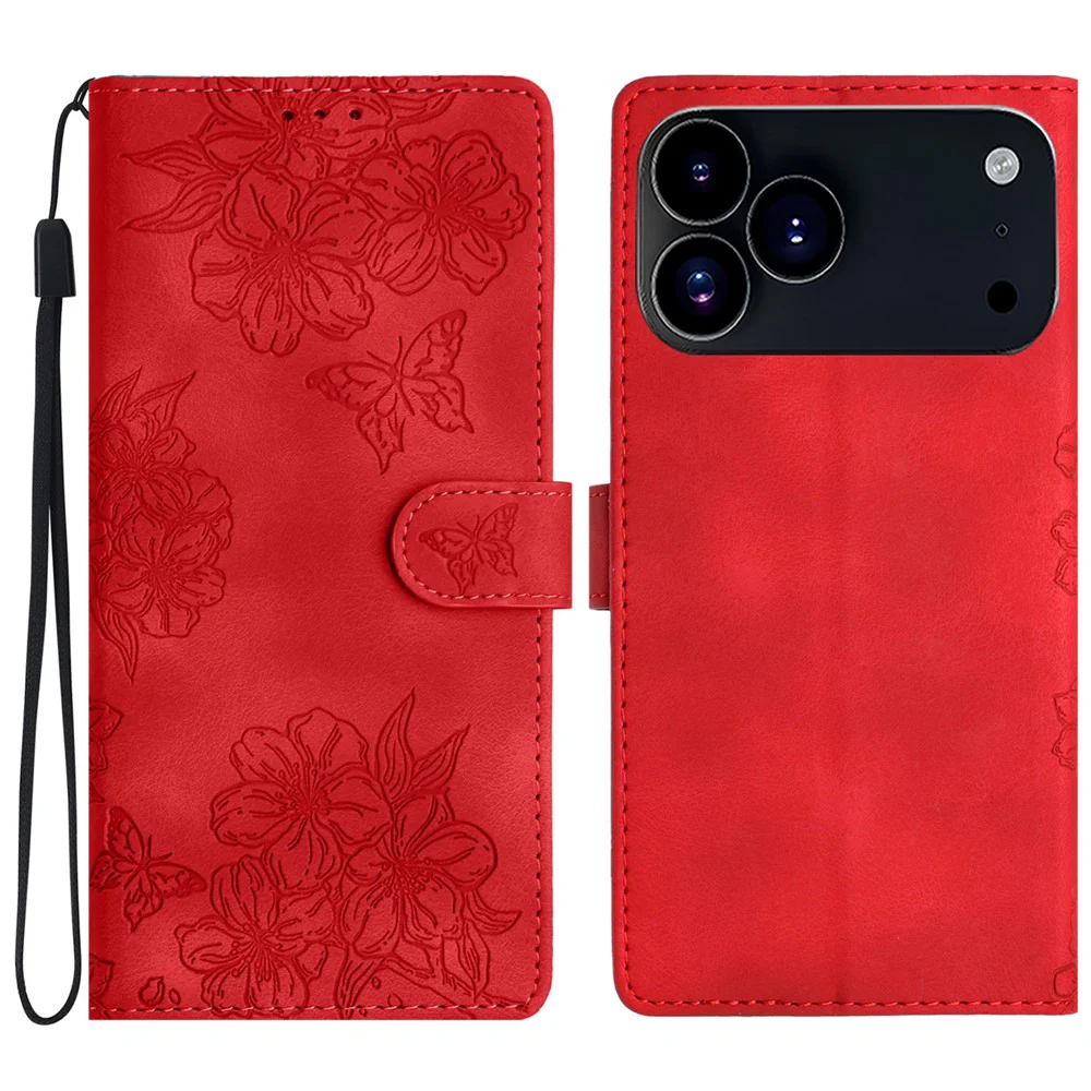 For iPhone 17 Pro Max Case Butterfly Flower Pattern Skin-Touch Leather Phone Cover - Red
