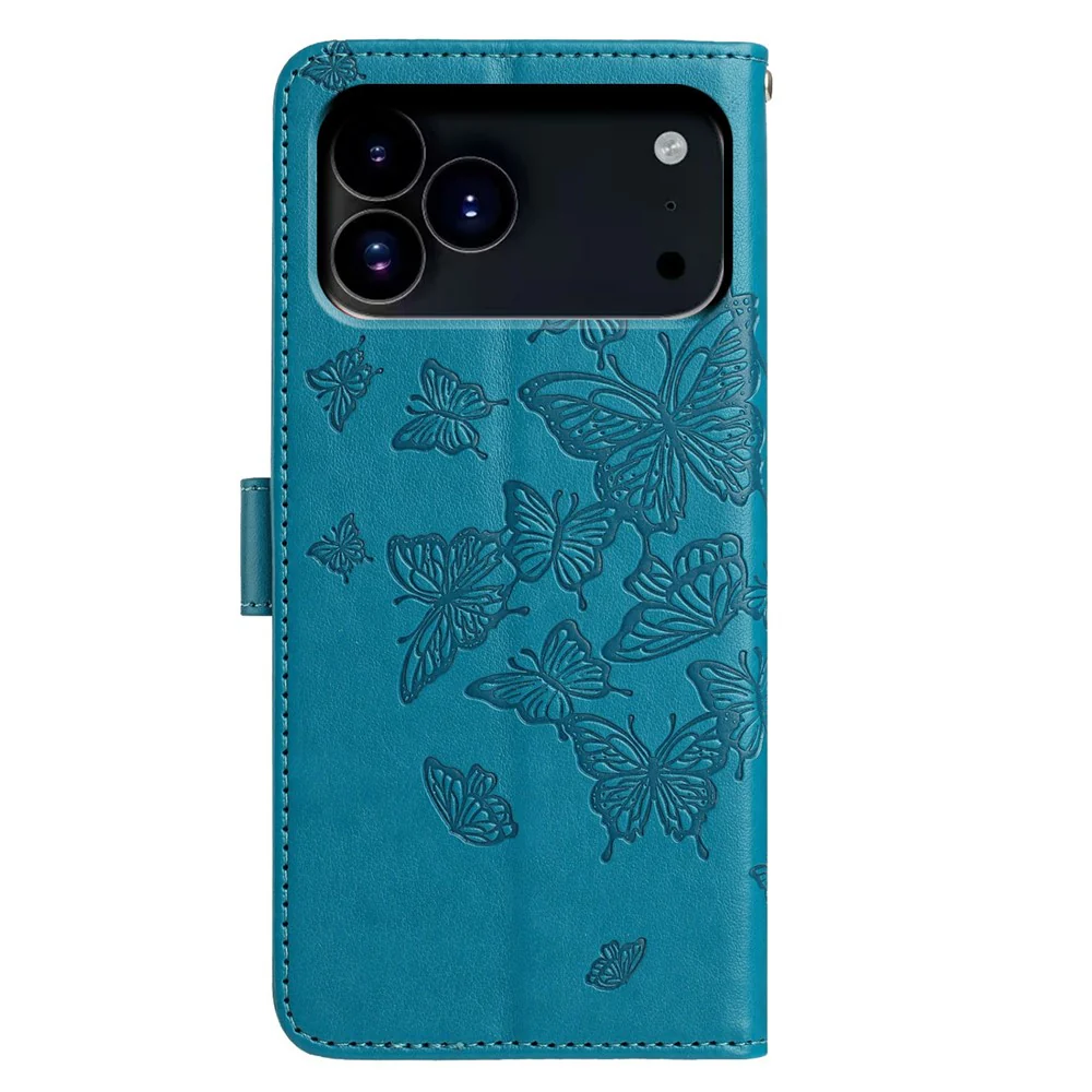 For iPhone 17 Pro Max Case Butterfly Imprinted Wallet Stand PU Leather Flip Phone Cover with Strap - Blue - Image 5