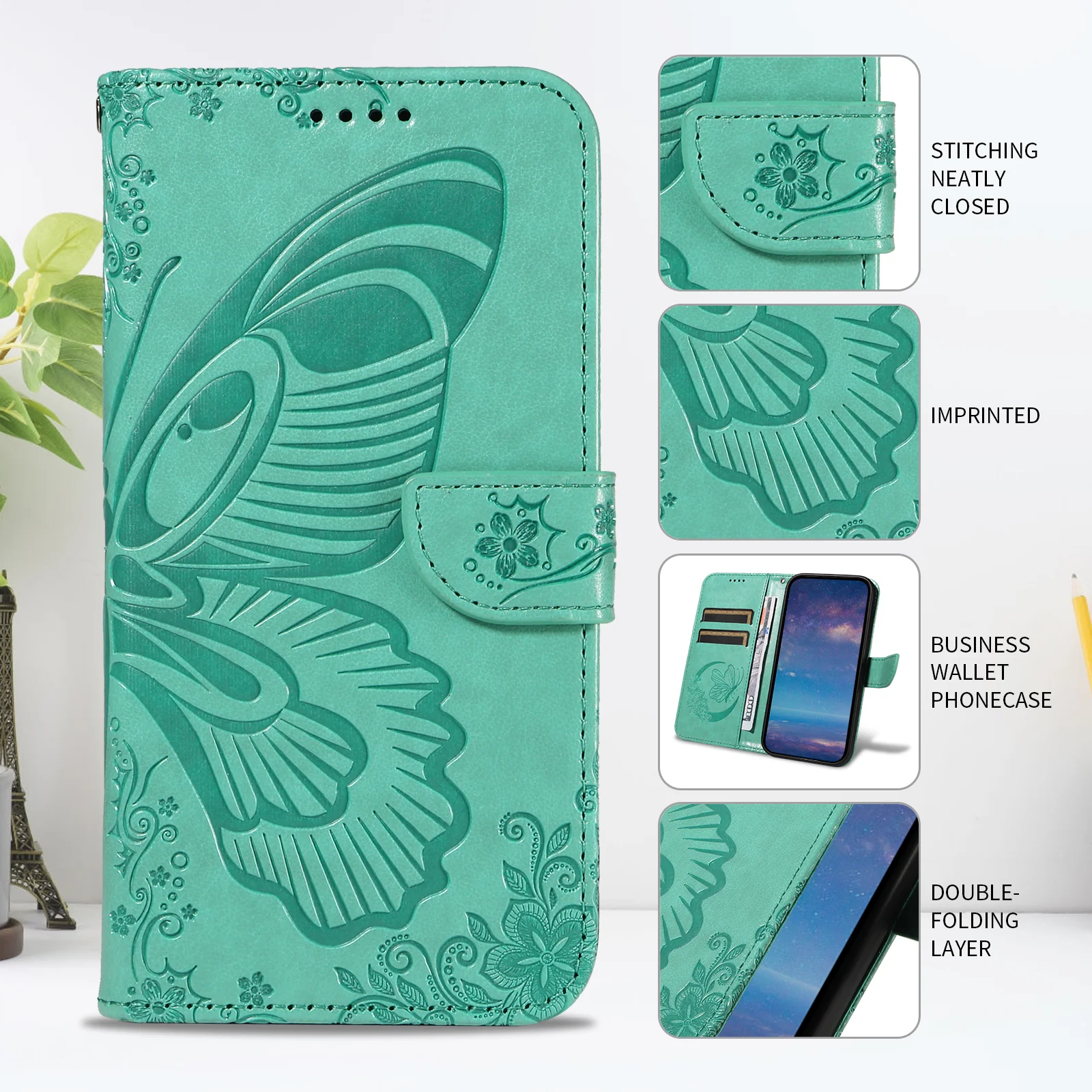 For iPhone 17 Pro Max Case Butterfly Pattern PU Leather Folio Flip Phone Cover -  Green - Image 6