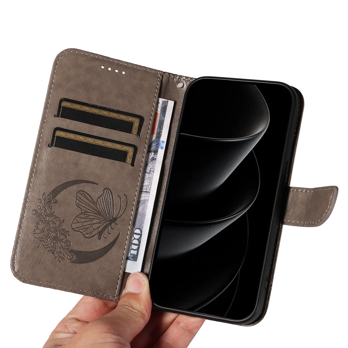 For iPhone 17 Pro Max Case Butterfly Pattern PU Leather Folio Flip Phone Cover - Grey - Image 5