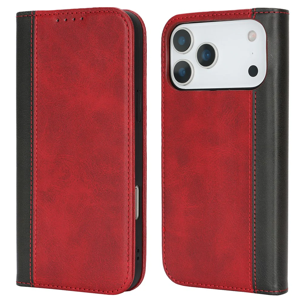 For iPhone 17 Pro Max Case Calf Texture 3 Card Slots Color Splicing Leather Phone Cover - Red+Black