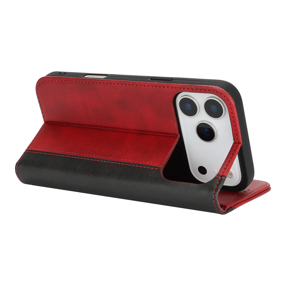 For iPhone 17 Pro Max Case Calf Texture 3 Card Slots Color Splicing Leather Phone Cover - Red+Black - Image 4
