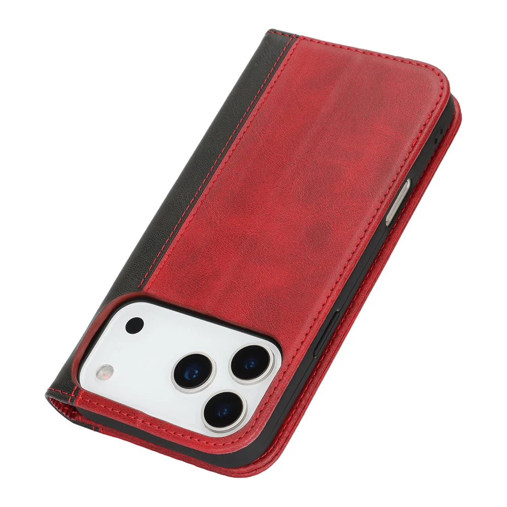 For iPhone 17 Pro Max Case Calf Texture 3 Card Slots Color Splicing Leather Phone Cover - Red+Black - Image 6