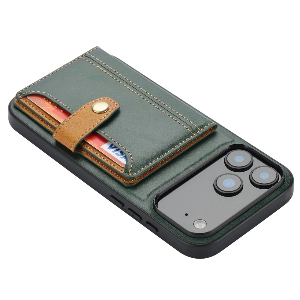 For iPhone 17 Pro Max Case Calf Texture Card Holder PU Leather + TPU Kicsktand Phone Cover - Green - Image 5