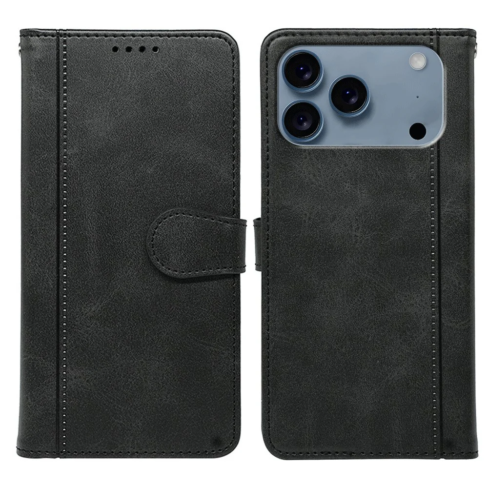 For iPhone 17 Pro Max Case Calf Texture Leather Stand Book Style Phone Cover - Black