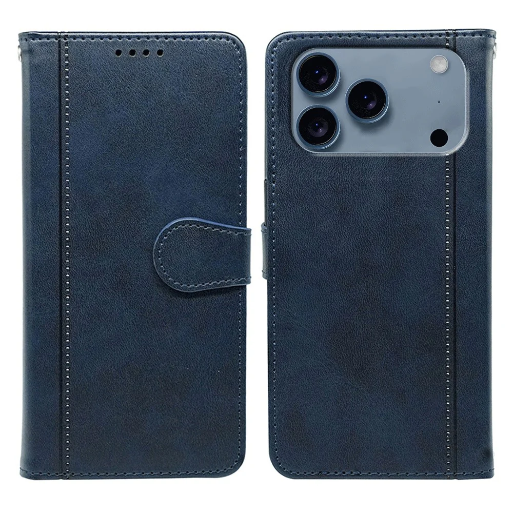 For iPhone 17 Pro Max Case Calf Texture Leather Stand Book Style Phone Cover - Blue