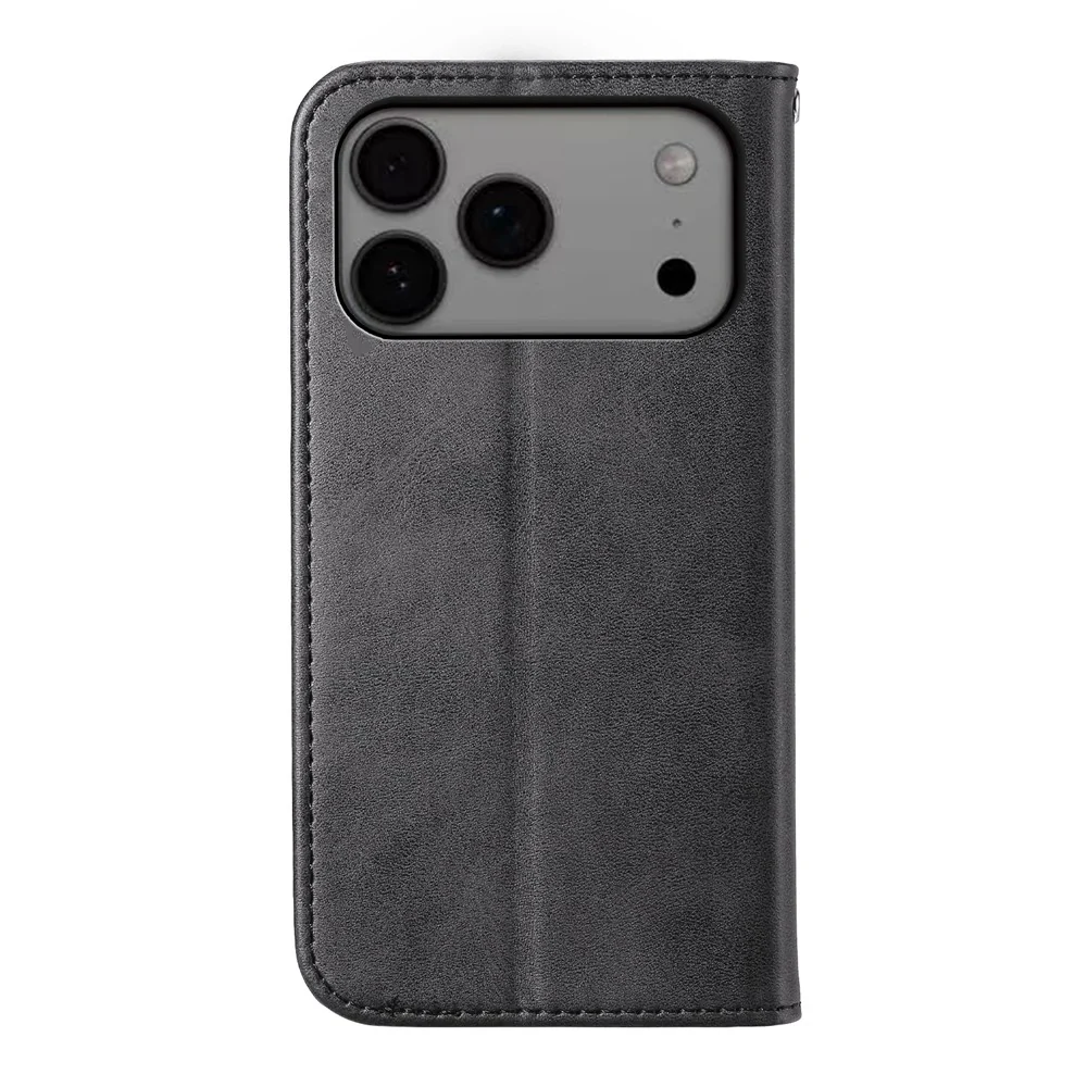 For iPhone 17 Pro Max Case Calf Texture PU Leather Wallet Phone Cover with Wrist Strap - Black - Image 8