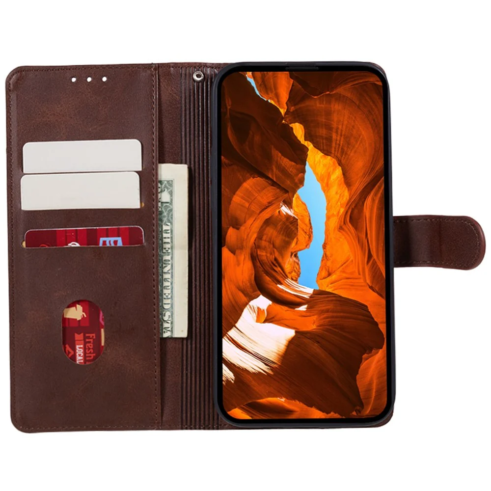 For iPhone 17 Pro Max Case Calf Texture PU Leather Wallet Phone Cover with Wrist Strap - Brown - Image 2