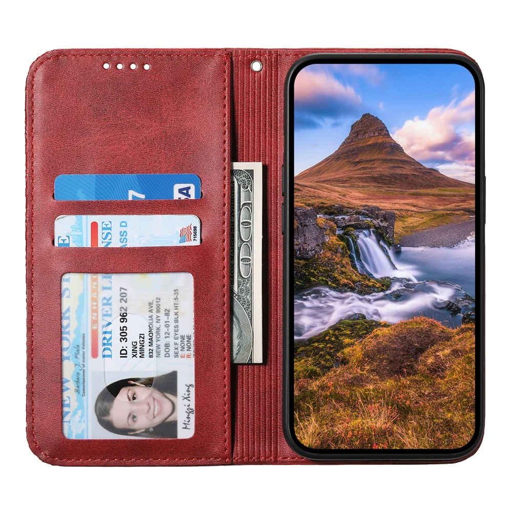 For iPhone 17 Pro Max Case Calf Texture PU Leather Wallet Phone Cover with Wrist Strap - Red - Image 2