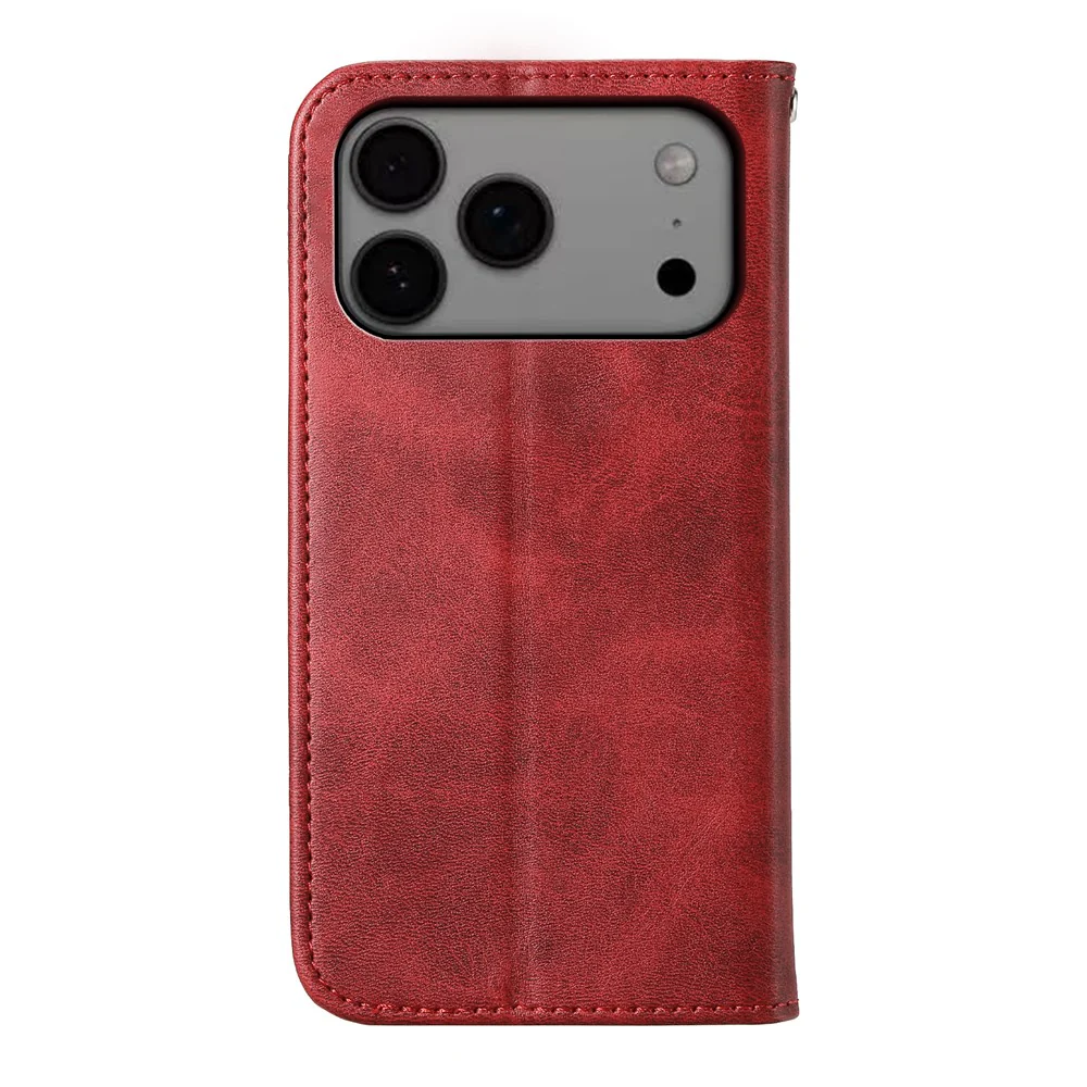 For iPhone 17 Pro Max Case Calf Texture PU Leather Wallet Phone Cover with Wrist Strap - Red - Image 8