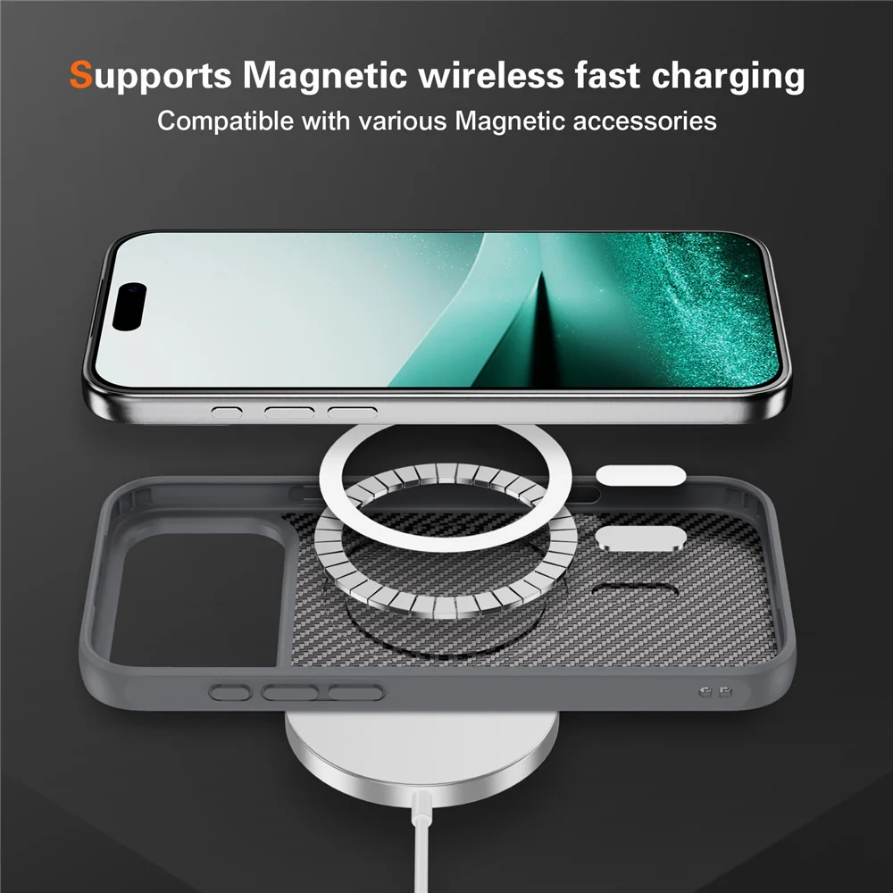 For iPhone 17 Pro Max Case Carbon Fiber Texture PC + TPU Phone Cover Compatible with MagSafe - Grey - Image 7