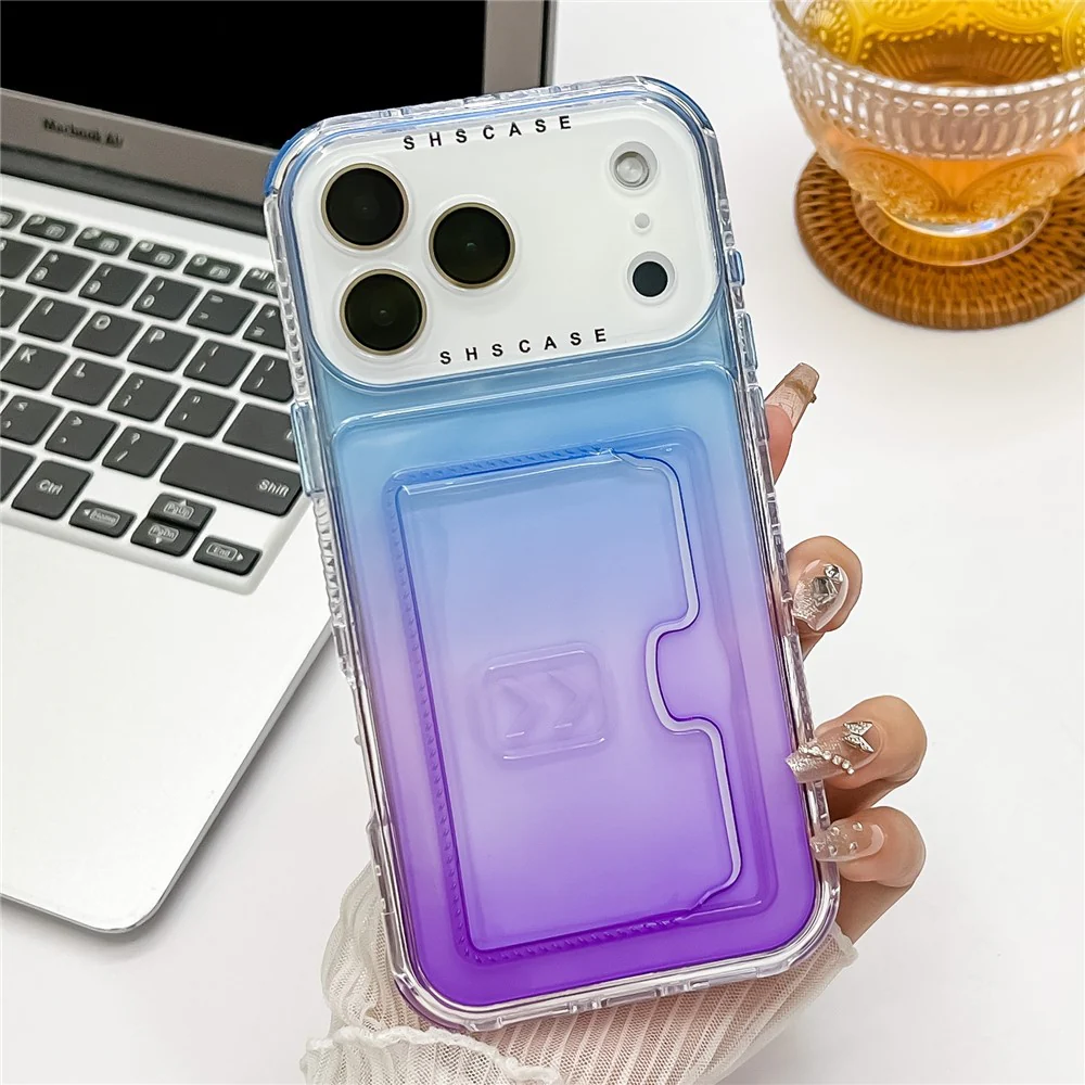 For iPhone 17 Pro Max Case Card Holder Gradient Color PC + TPU Anti Drop Phone Back Cover with Lens Film - Blue / Purple - Image 2