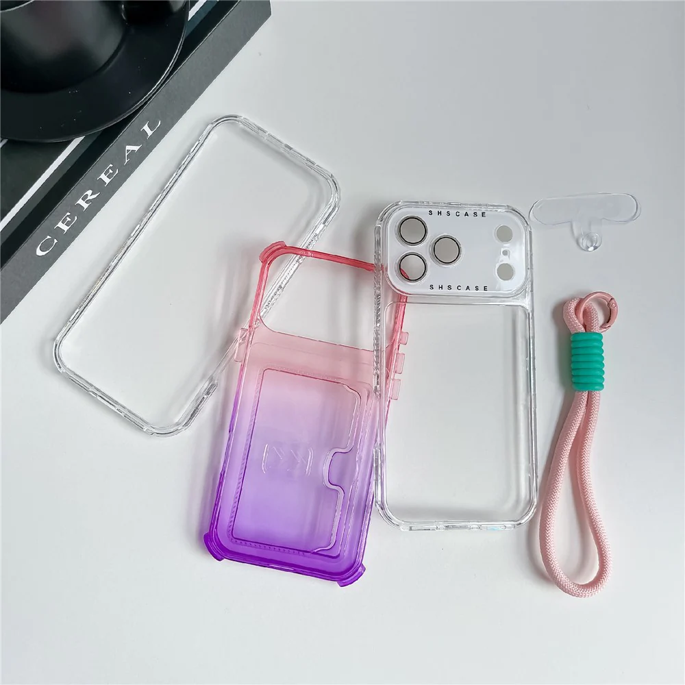 For iPhone 17 Pro Max Case Card Holder Gradient Color PC + TPU Phone Back Cover with Lens Film / Wrist Strap - Blue / Purple - Image 7