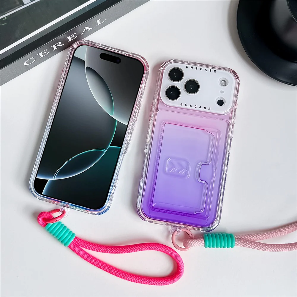 For iPhone 17 Pro Max Case Card Holder Gradient Color PC + TPU Phone Back Cover with Lens Film / Wrist Strap - Pink / Yellow - Image 4
