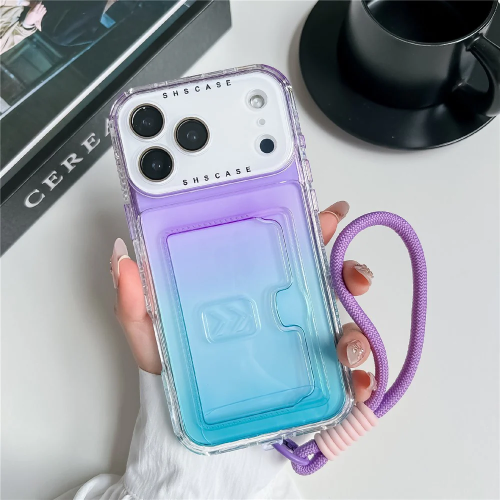 For iPhone 17 Pro Max Case Card Holder Gradient Color PC + TPU Phone Back Cover with Lens Film / Wrist Strap - Purple / Sky Blue - Image 2