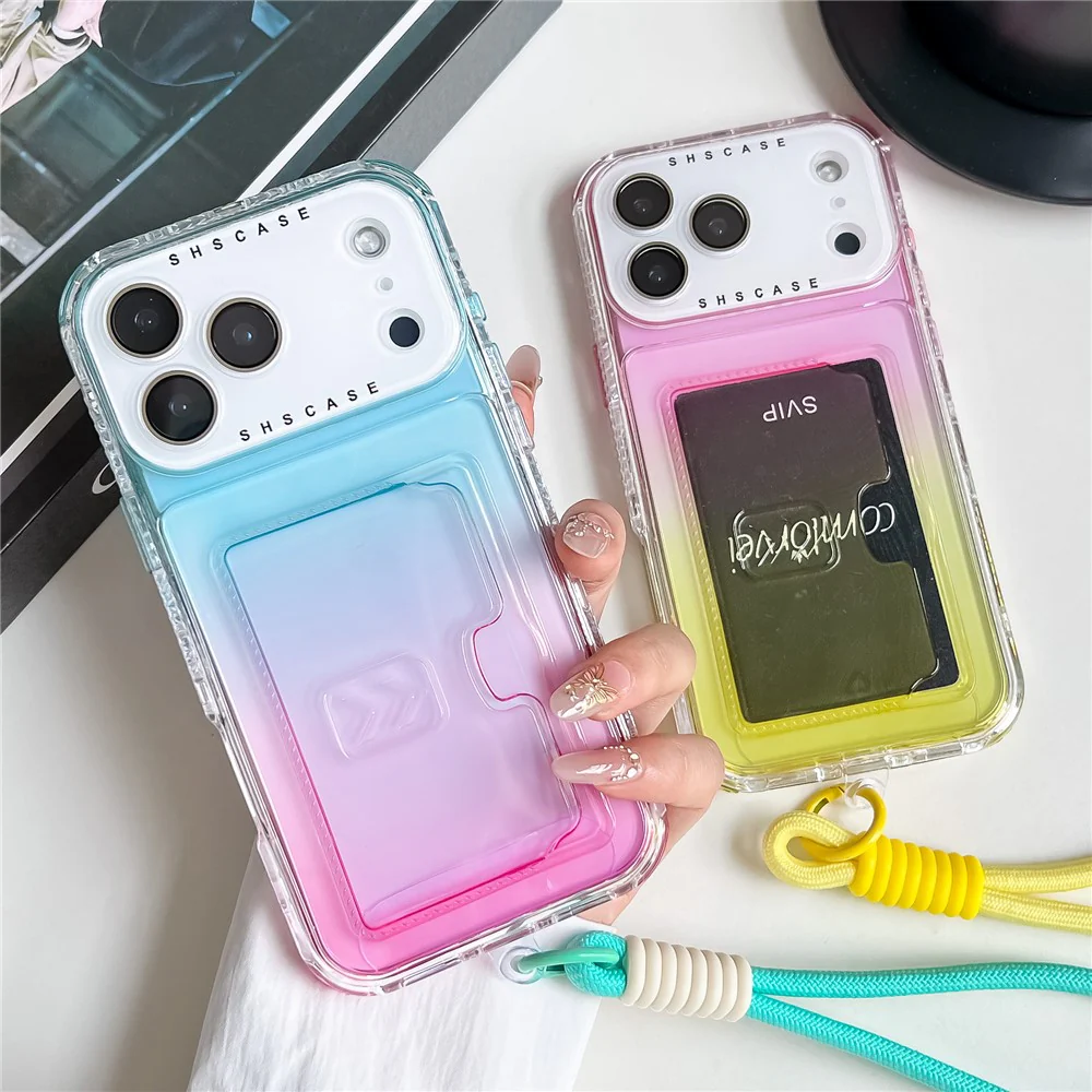 For iPhone 17 Pro Max Case Card Holder Gradient Color PC + TPU Phone Back Cover with Lens Film / Wrist Strap - Purple / Sky Blue - Image 3