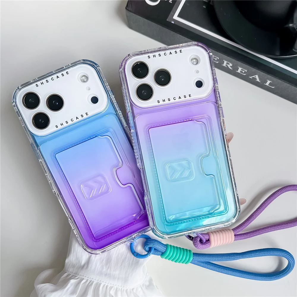 For iPhone 17 Pro Max Case Card Holder Gradient Color PC + TPU Phone Back Cover with Lens Film / Wrist Strap - Purple / Sky Blue - Image 4