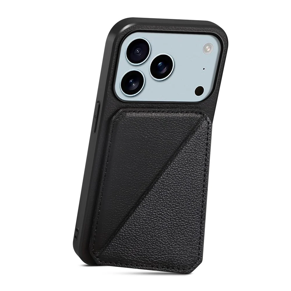 For iPhone 17 Pro Max Case Card Holder Kickstand Calf Textured Leather + PC + TPU Phone Cover - Black - Image 2