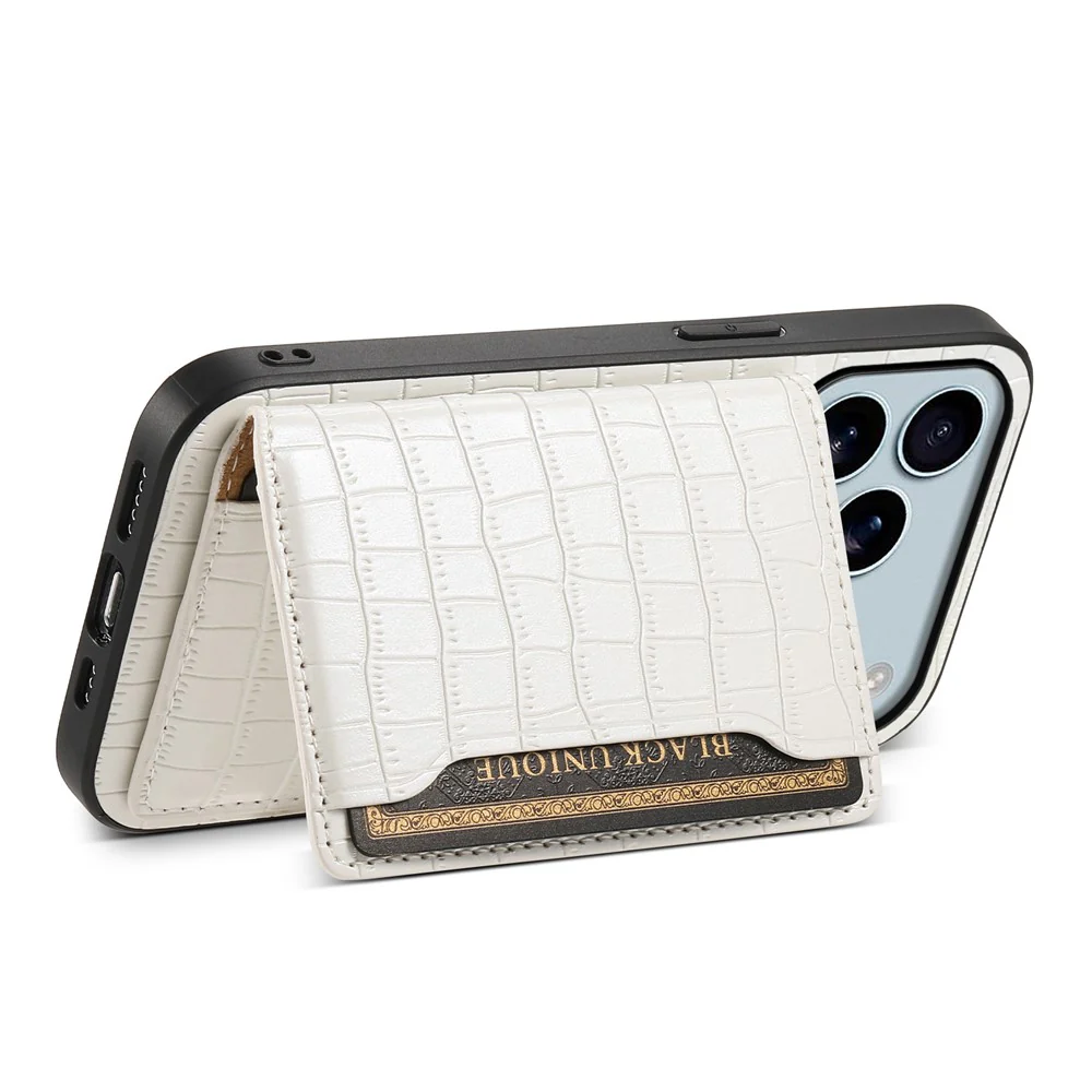 For iPhone 17 Pro Max Case Card Holder Kickstand Crocodile Texture Leather Back Phone Cover - White - Image 3