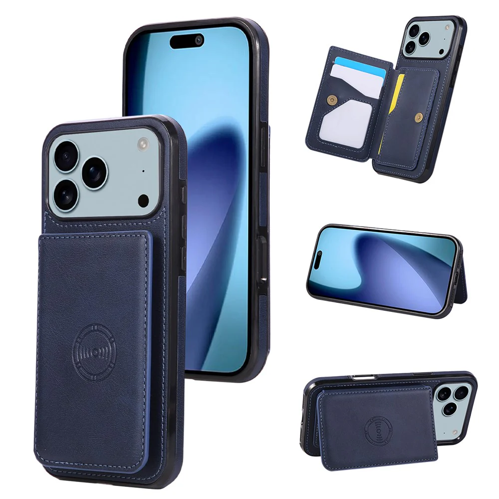 For iPhone 17 Pro Max Case Card Holder Kickstand PU Leather + TPU Phone Cover - Blue