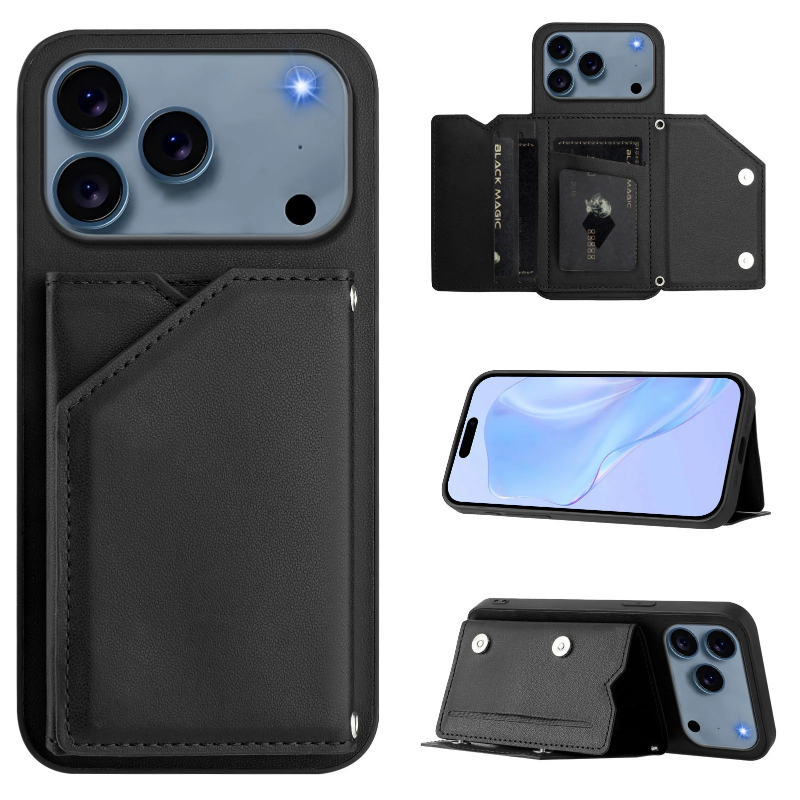 For iPhone 17 Pro Max Case Card Holder Kickstand Skin-Touch Phone Cover with Wrist Strap - Black - Image 2