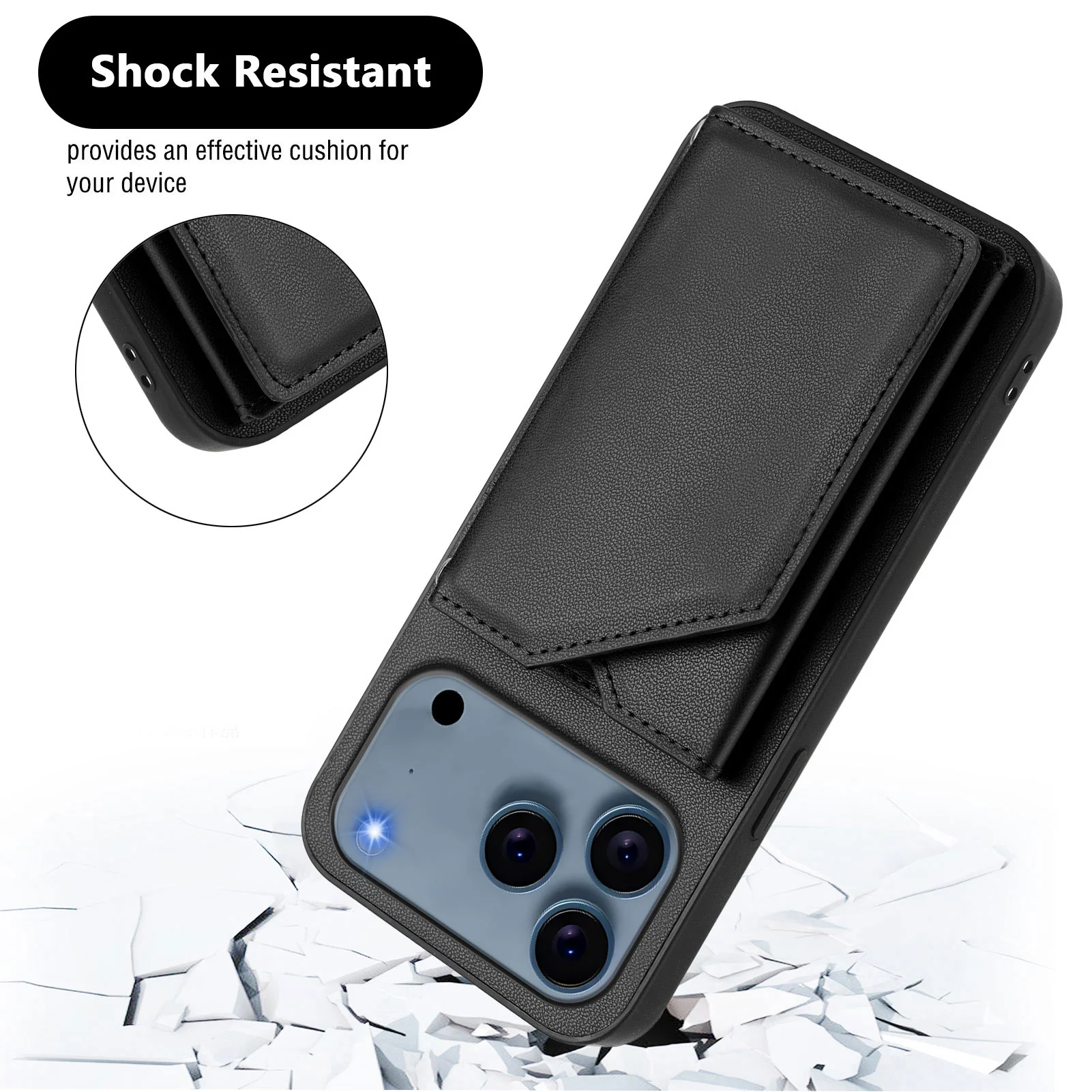 For iPhone 17 Pro Max Case Card Holder Kickstand Skin-Touch Phone Cover with Wrist Strap - Black - Image 3