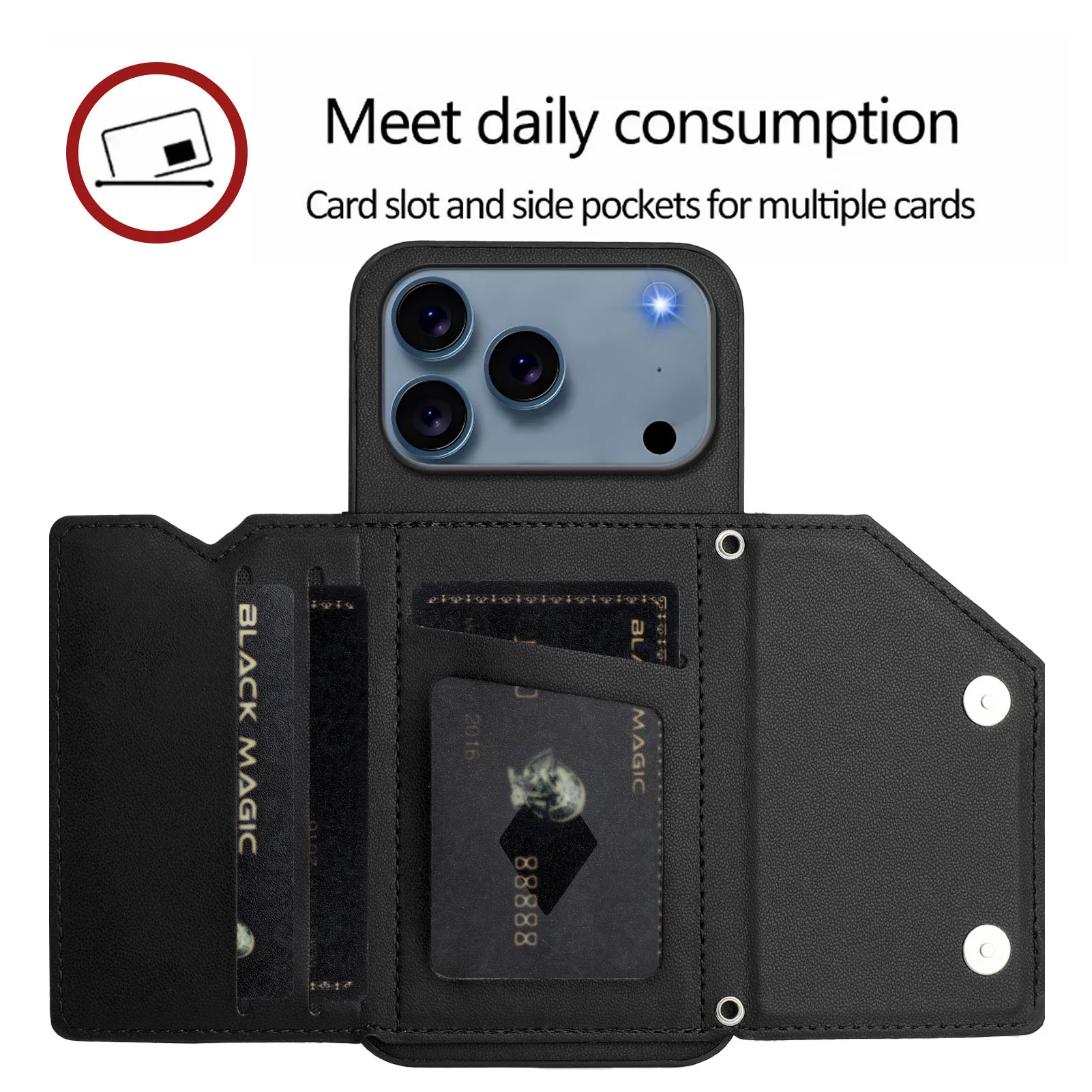 For iPhone 17 Pro Max Case Card Holder Kickstand Skin-Touch Phone Cover with Wrist Strap - Black - Image 5