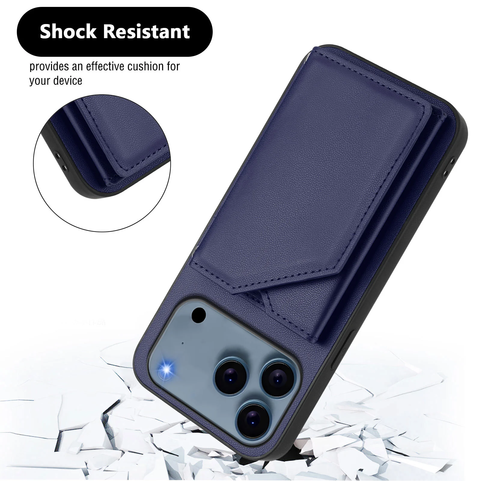 For iPhone 17 Pro Max Case Card Holder Kickstand Skin-Touch Phone Cover with Wrist Strap - Blue - Image 4