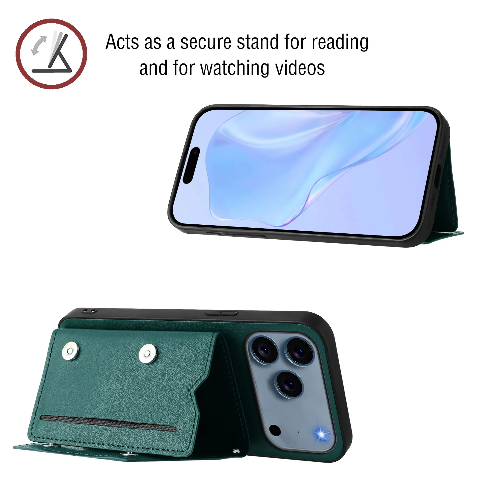 For iPhone 17 Pro Max Case Card Holder Kickstand Skin-Touch Phone Cover with Wrist Strap - Green - Image 4