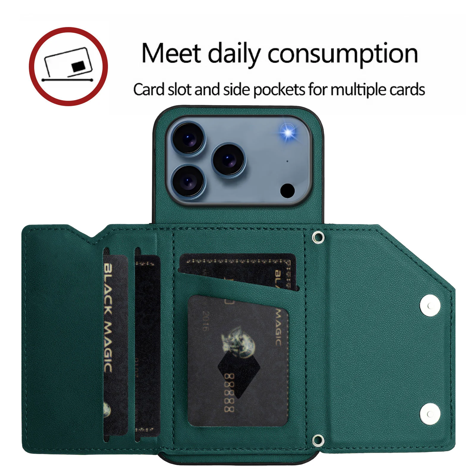 For iPhone 17 Pro Max Case Card Holder Kickstand Skin-Touch Phone Cover with Wrist Strap - Green - Image 5