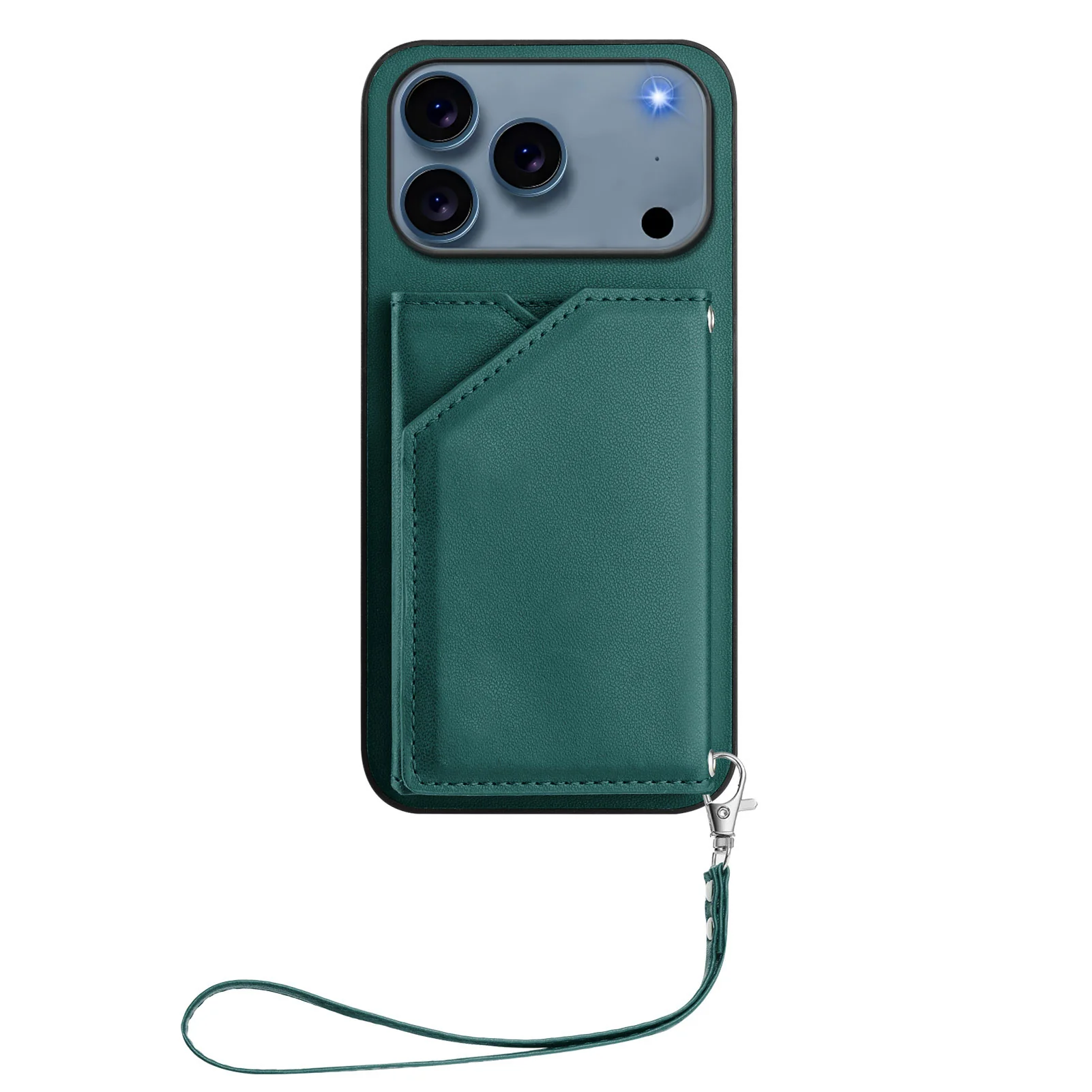 For iPhone 17 Pro Max Case Card Holder Kickstand Skin-Touch Phone Cover with Wrist Strap - Green - Image 8