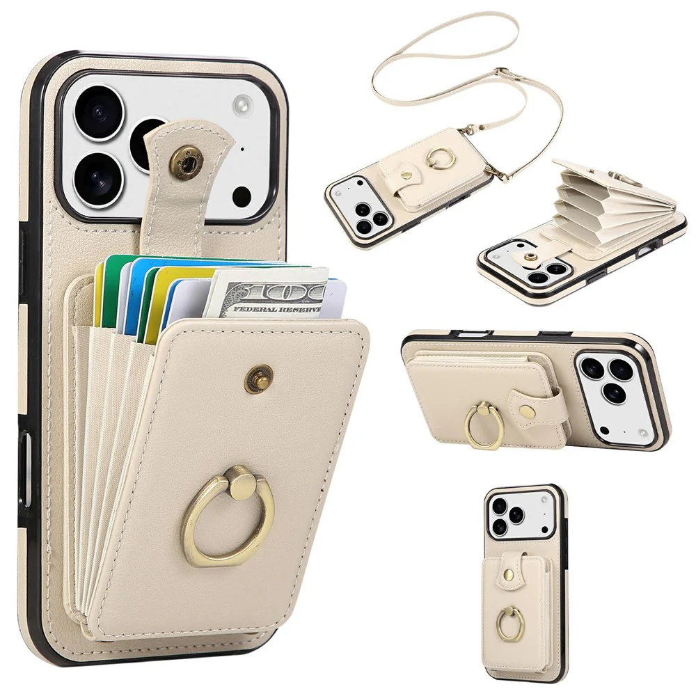 For iPhone 17 Pro Max Case Card Holder Ring Kickstand TPU + PU Leather Phone Cover with Long Strap - Beige