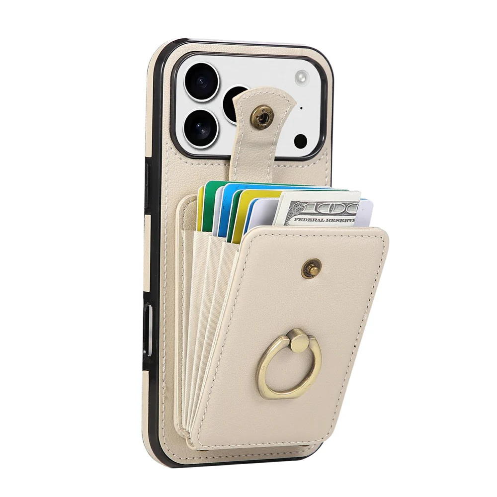 For iPhone 17 Pro Max Case Card Holder Ring Kickstand TPU + PU Leather Phone Cover with Long Strap - Beige - Image 2