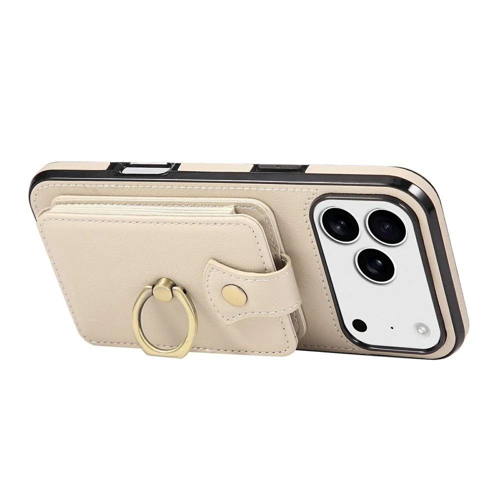 For iPhone 17 Pro Max Case Card Holder Ring Kickstand TPU + PU Leather Phone Cover with Long Strap - Beige - Image 3