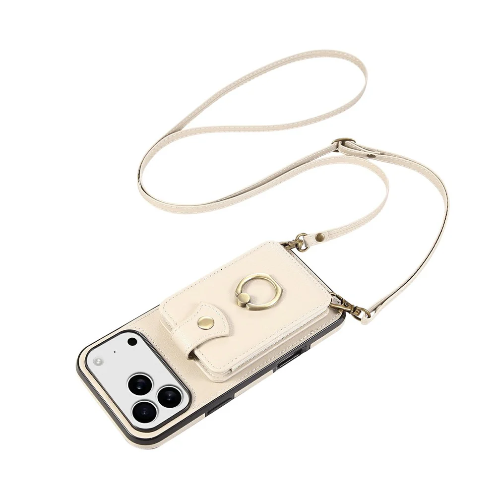 For iPhone 17 Pro Max Case Card Holder Ring Kickstand TPU + PU Leather Phone Cover with Long Strap - Beige - Image 4