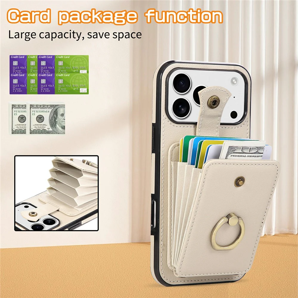 For iPhone 17 Pro Max Case Card Holder Ring Kickstand TPU + PU Leather Phone Cover with Long Strap - Beige - Image 5