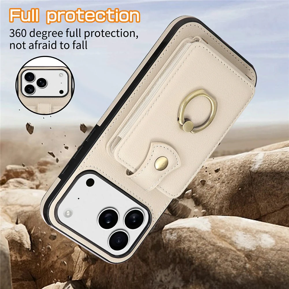 For iPhone 17 Pro Max Case Card Holder Ring Kickstand TPU + PU Leather Phone Cover with Long Strap - Beige - Image 6