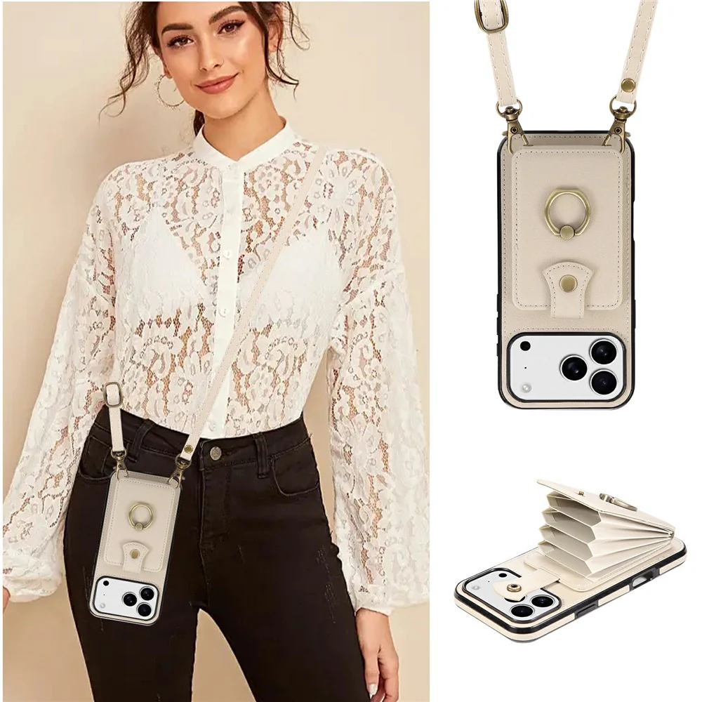 For iPhone 17 Pro Max Case Card Holder Ring Kickstand TPU + PU Leather Phone Cover with Long Strap - Beige - Image 7