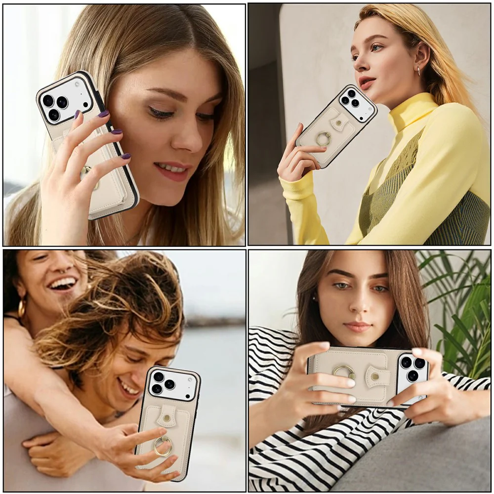 For iPhone 17 Pro Max Case Card Holder Ring Kickstand TPU + PU Leather Phone Cover with Long Strap - Beige - Image 8