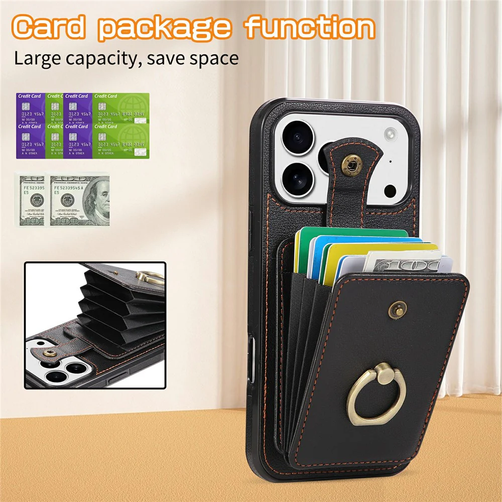 For iPhone 17 Pro Max Case Card Holder Ring Kickstand TPU + PU Leather Phone Cover with Long Strap - Black - Image 5