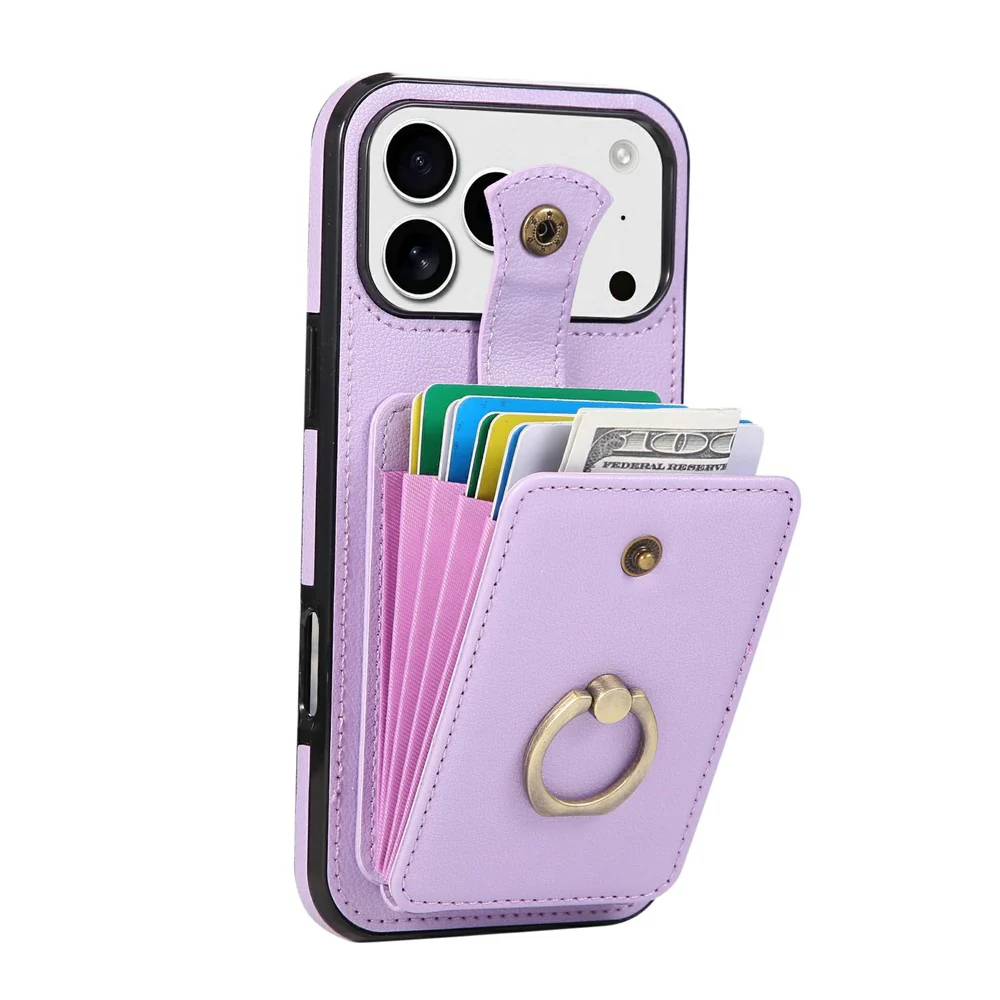 For iPhone 17 Pro Max Case Card Holder Ring Kickstand TPU + PU Leather Phone Cover with Long Strap - Purple - Image 2